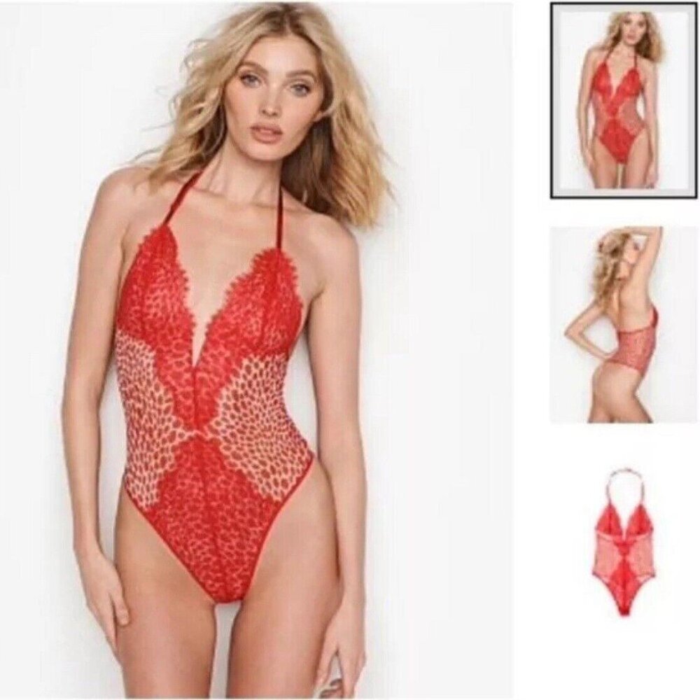 Victorias Secret Red Lips V-Wire Lace Plunge Teddy Halter Neck Slip Thong NWT Xs